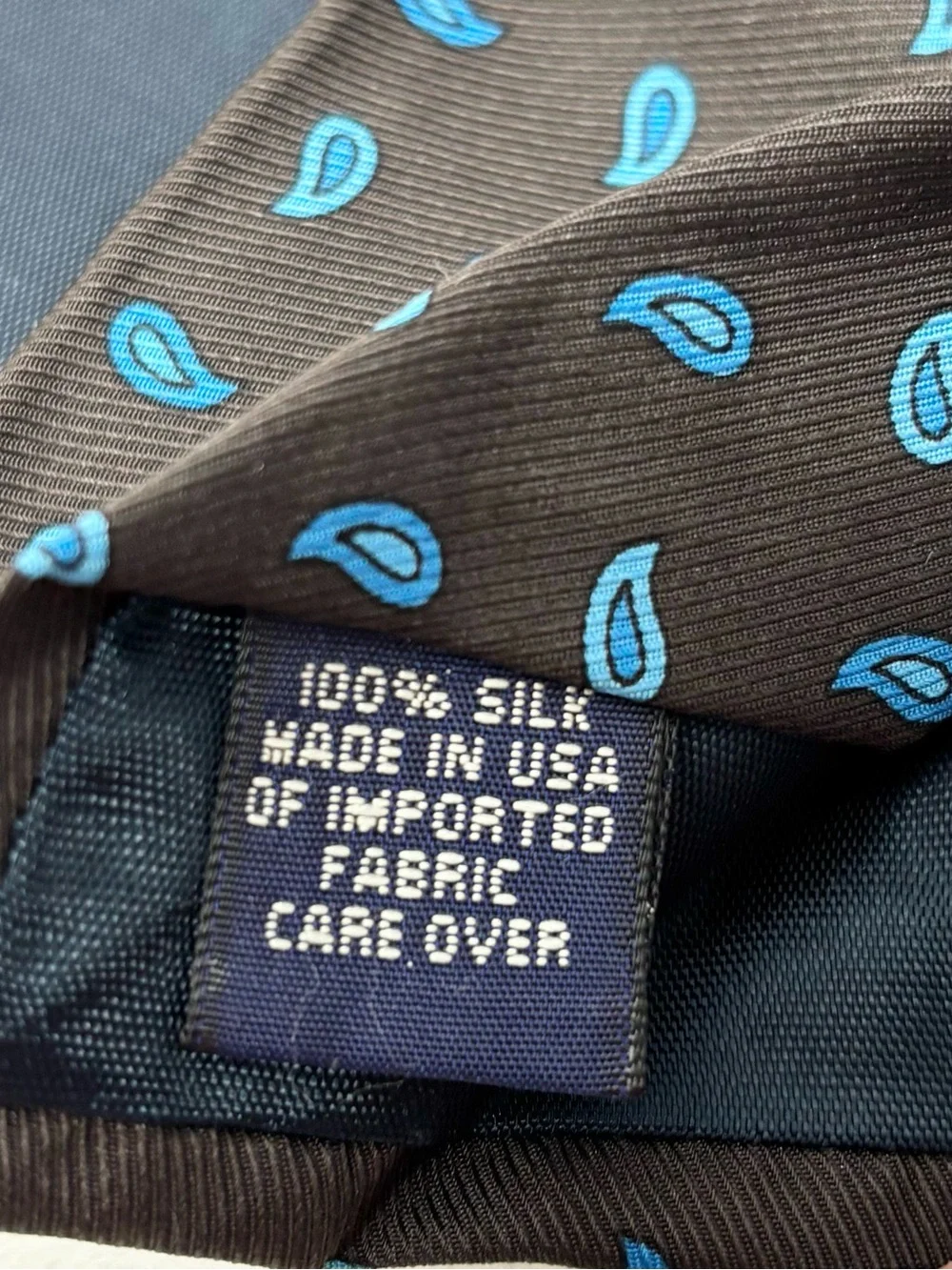 J. Crew Silk Brown Tie with Blue Paisley Accents